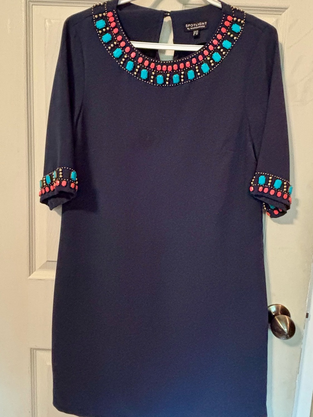 Navy Dress with Turquoise & Coral Beaded Trim